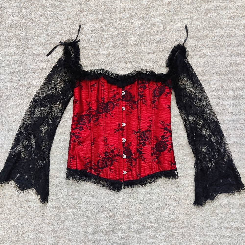 Gothic Red Satin Corset Lace Bell Sleeve Top L Burlesque